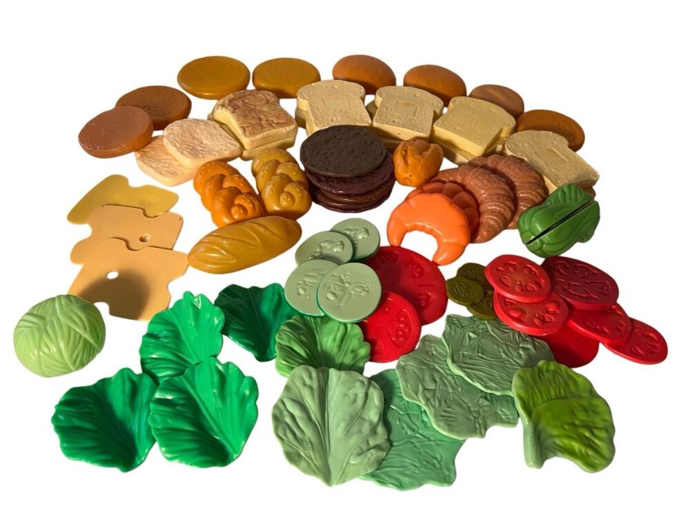 Vtg Play Food Lot 60+ Burger Buns Patties Lettuce Cheese Fast Food Assortment